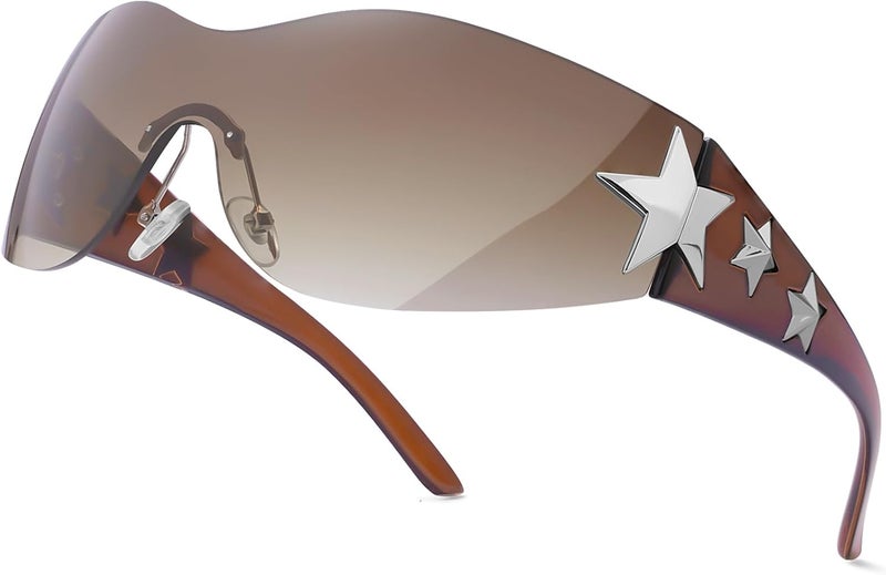 Haqptul Rimless Y2K Sunglasses Star Wrap Around Glasses 2000S Accessories for Women Men Trendy Fashion Cool Shield Shades - Image 1